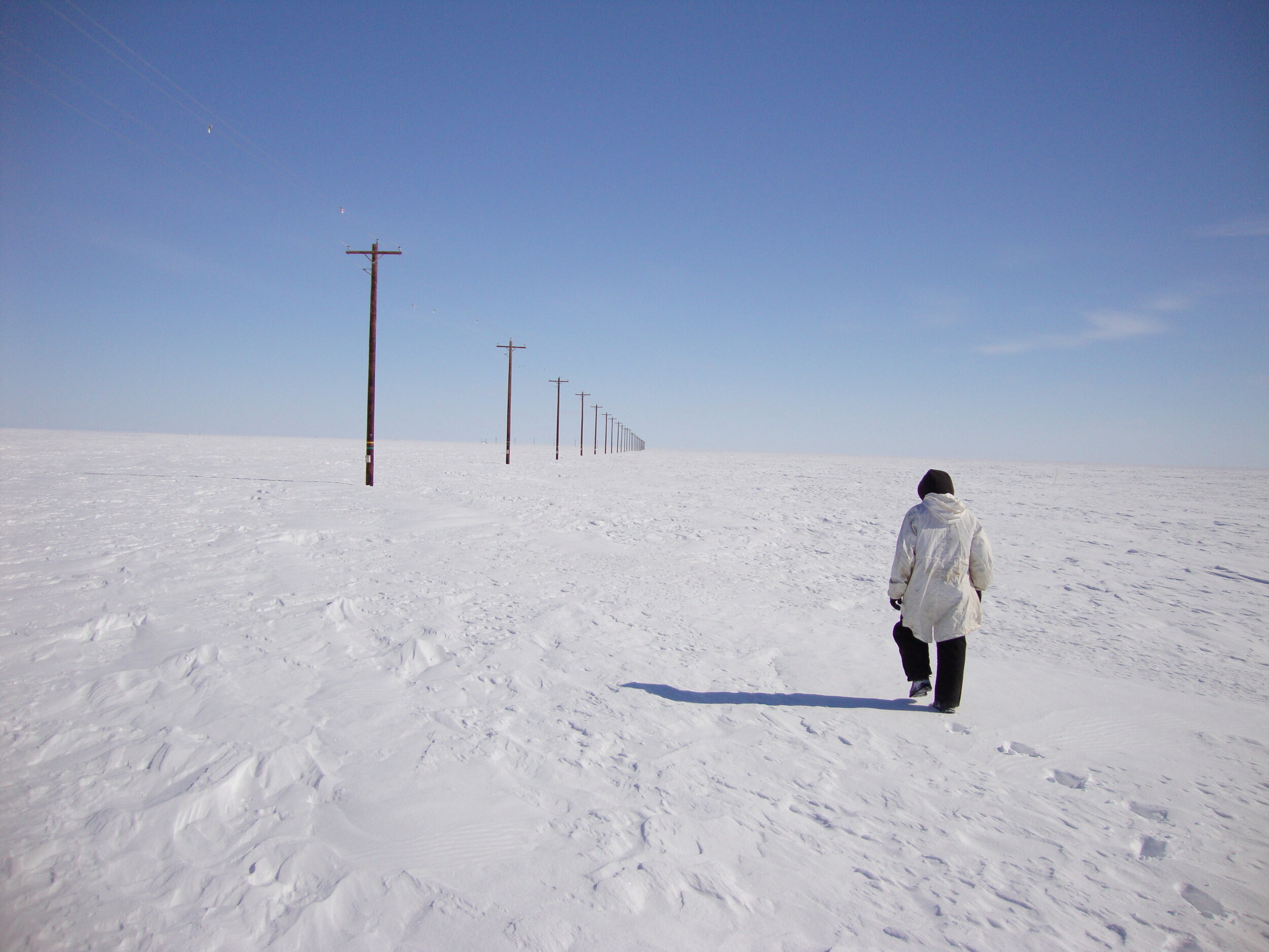 Arctic researcher walking in snow.